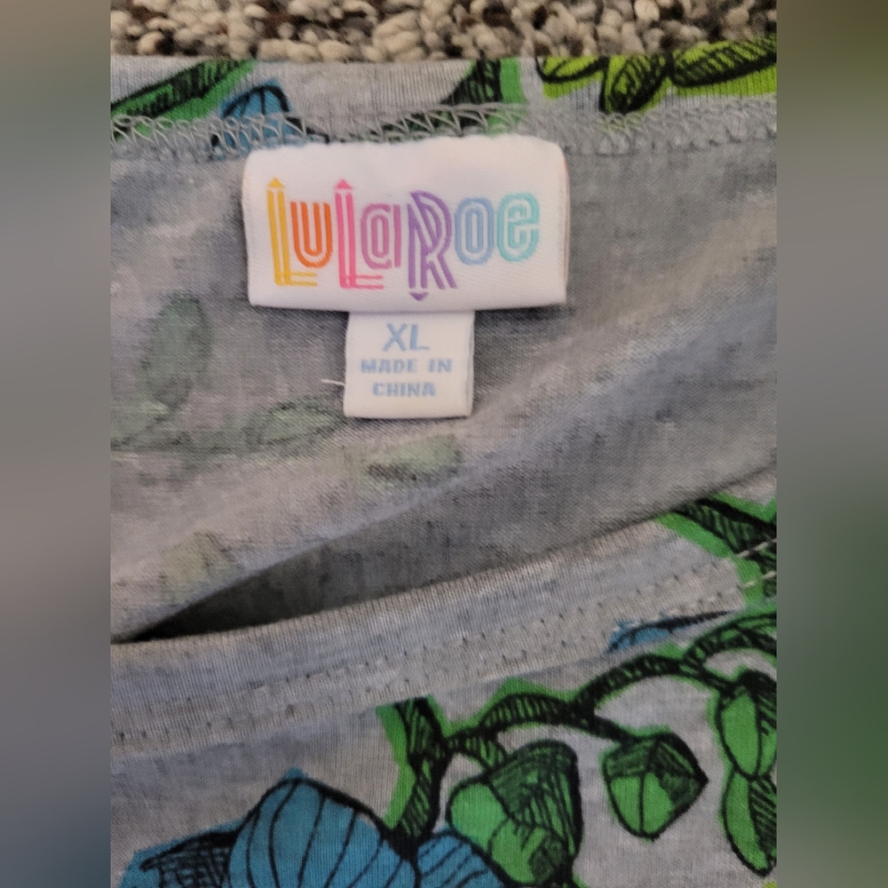 LuLaRoe Blue and Green Floral And Grey Short Sleeve Midi Dress - Picture 2 of 4